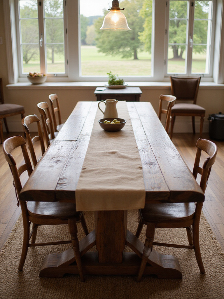 A large, rustic wood dining table in the center of a bright farmhouse dining room, surrounded by chairs.