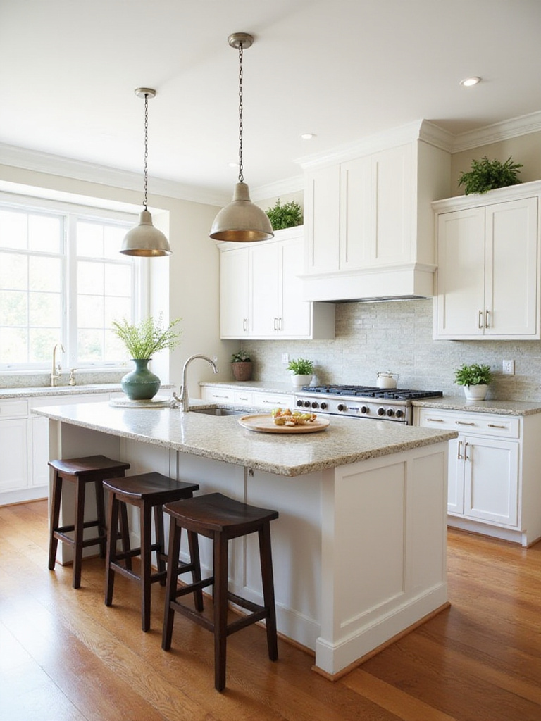 Classic kitchen island with granite countertop and white Shaker cabinets.