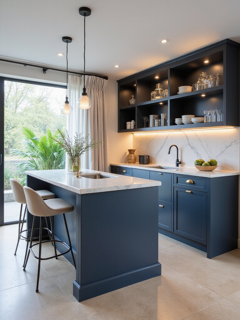Modern kitchen featuring an L-shaped bar in a corner space with marble countertops and dark blue cabinets.