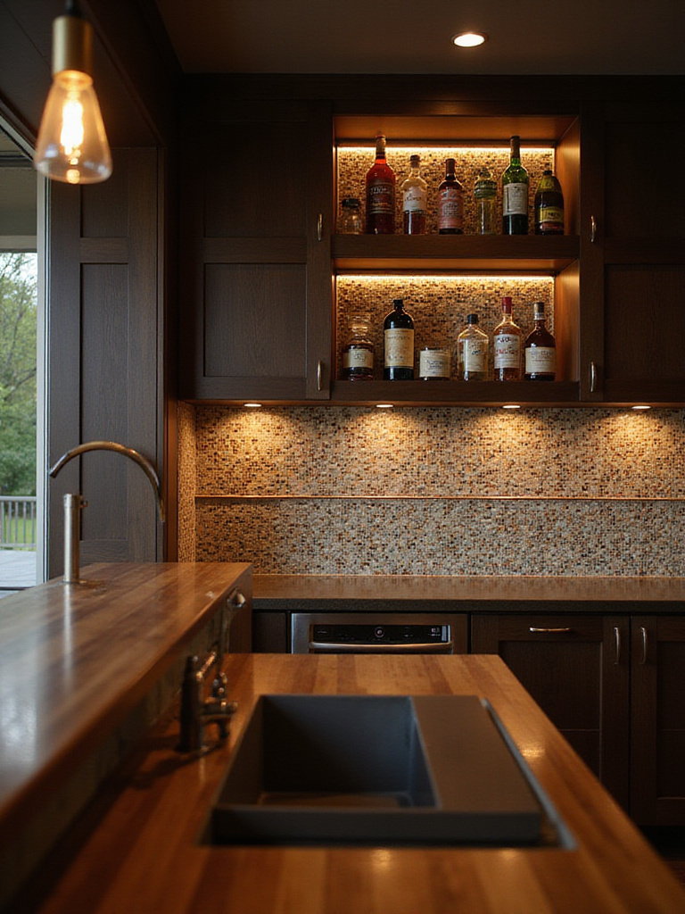 Kitchen bar with mosaic tile backsplash and under-bar zellige tile accent with lighting.