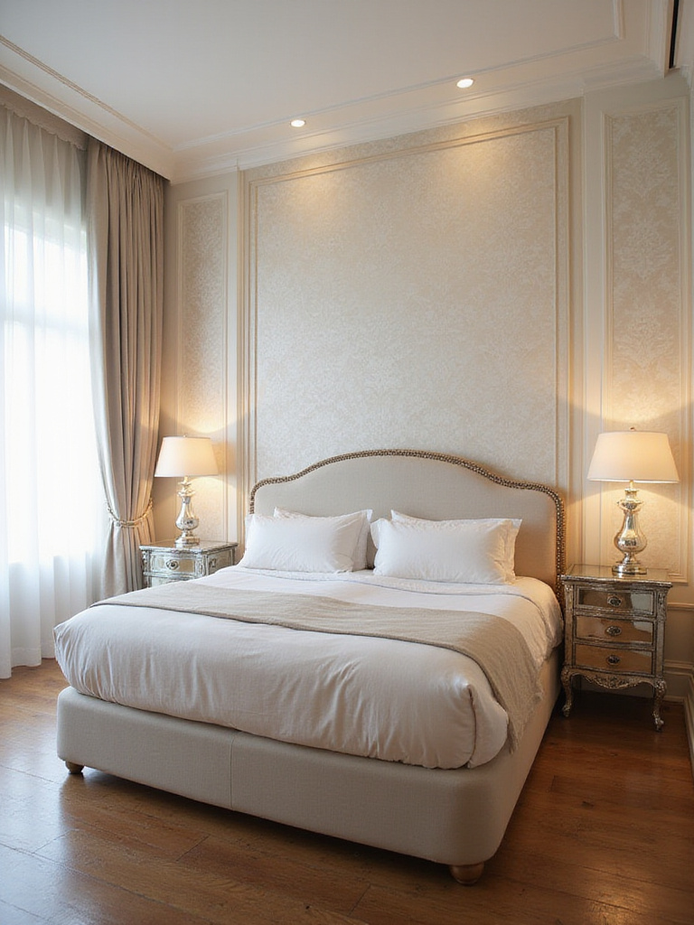 Master bedroom with cream-colored damask wallpaper feature wall behind the bed.