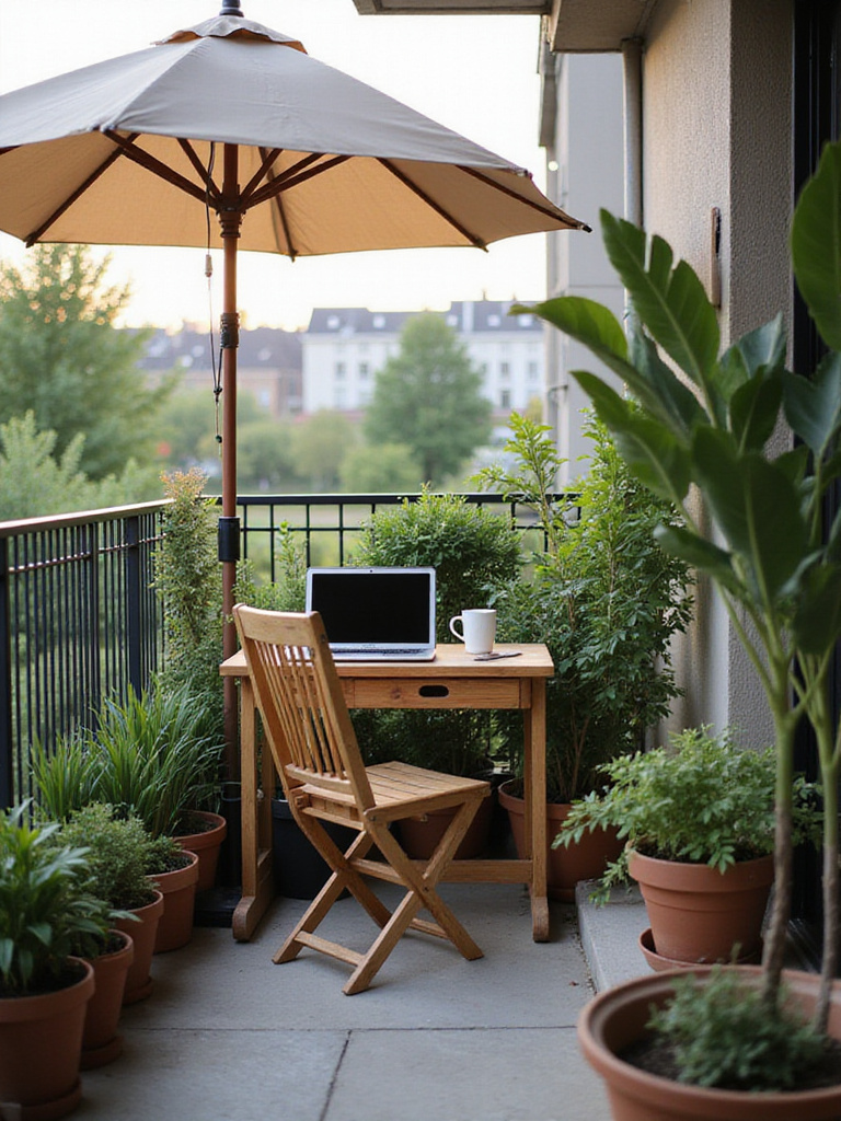 Balcony workspace with foldable desk, ergonomic chair, potted plants, and umbrella