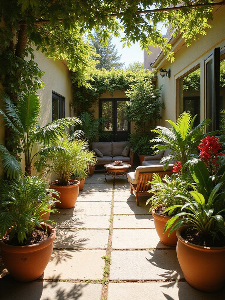 Lush patio filled with diverse potted plants, creating a relaxing outdoor oasis.