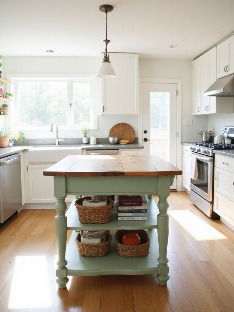 Repurposed sage green dining table with a butcher block top serving as a functional kitchen island in a modern farmhouse kitchen.