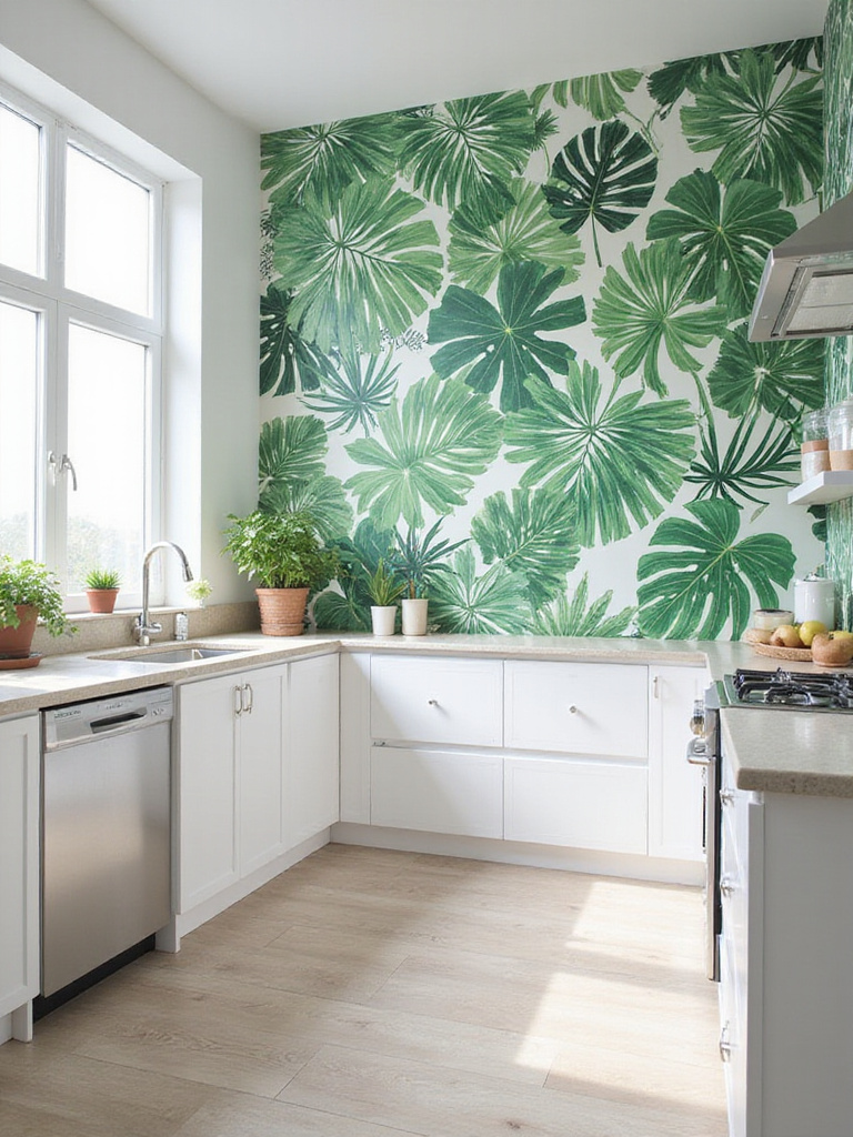 Kitchen with tropical leaf wallpaper accent wall