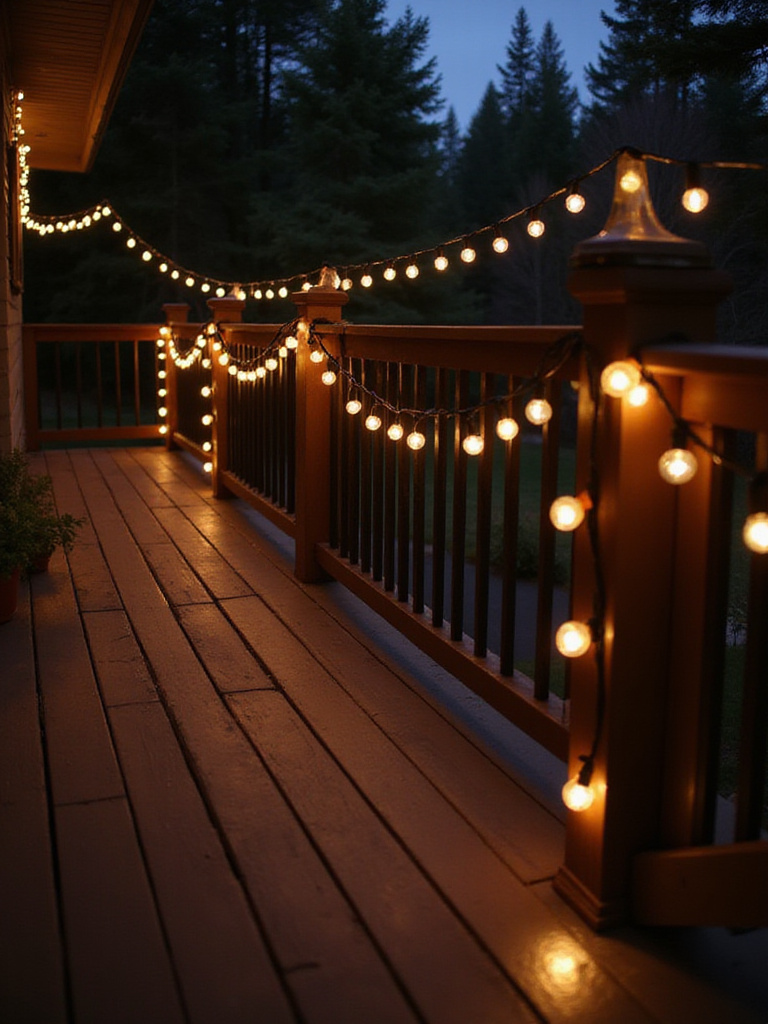 Decking decorated with warm white string lights creating a cozy ambiance