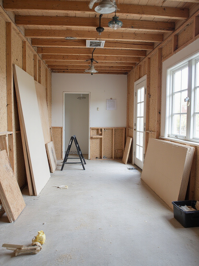 Kitchen under renovation showing construction progress with exposed studs, tools, and materials, illustrating the timeline of a remodel project.