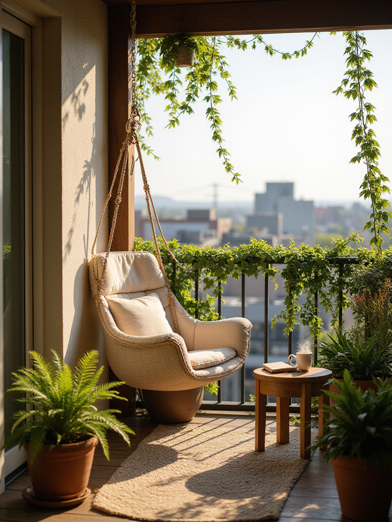 Relaxing balcony with hammock chair, potted plants, and cityscape view