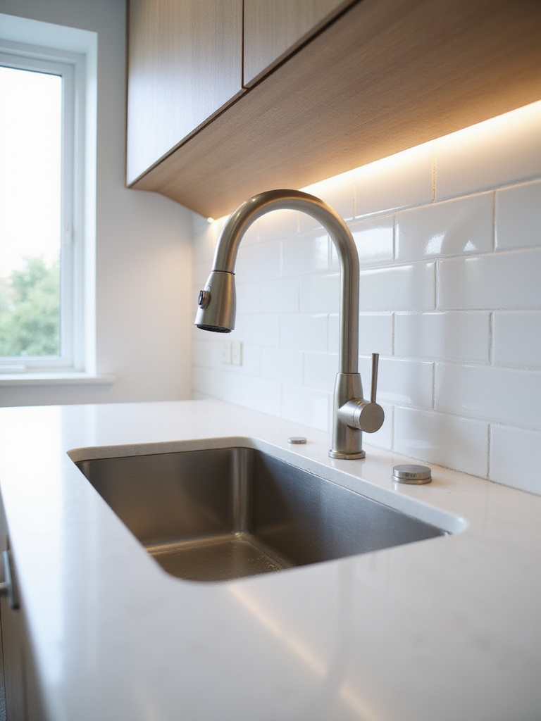 Modern kitchen sink with undermount stainless steel sink and brushed nickel pull-down faucet set in a light quartz countertop.