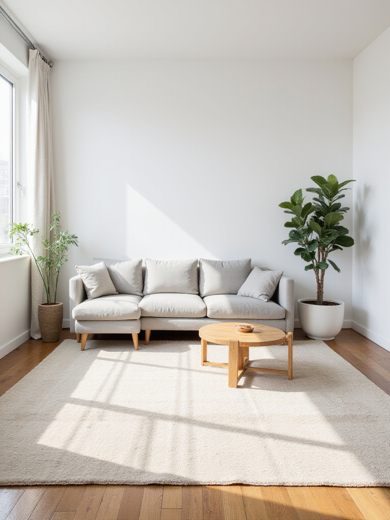 Minimalist living room with light beige wool rug defining seating area.