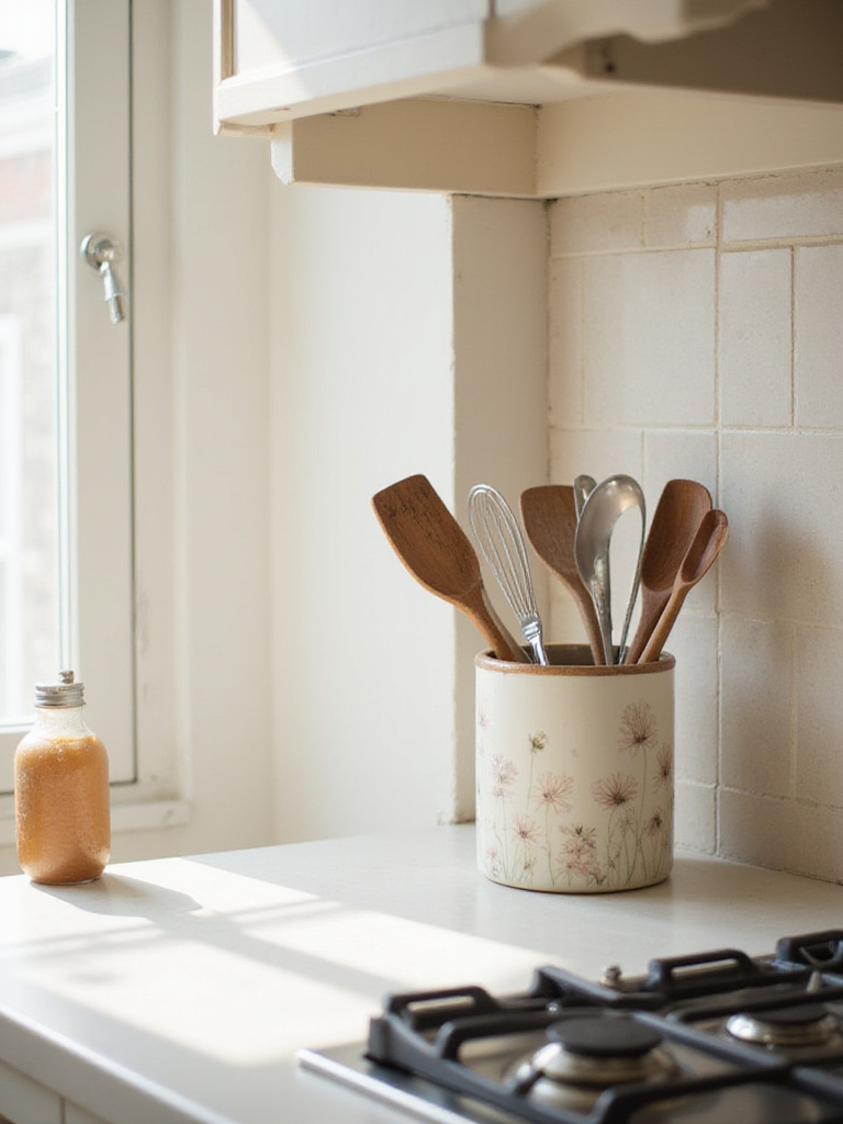 Decorative ceramic utensil holder on kitchen countertop filled with cooking utensils