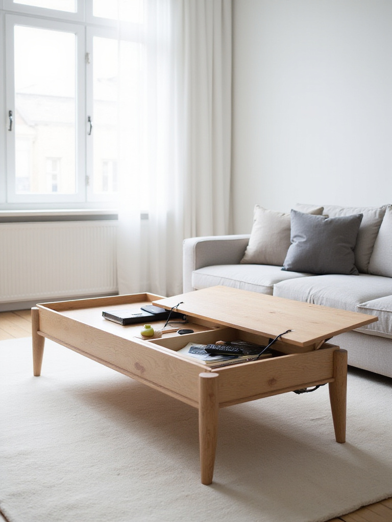 Minimalist living room with lift-top coffee table providing hidden storage.