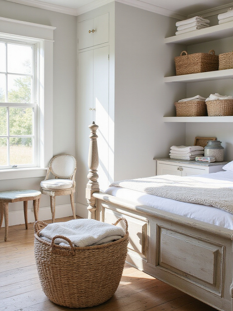 Farmhouse bedroom featuring woven baskets for stylish storage of blankets, towels, and clothing.