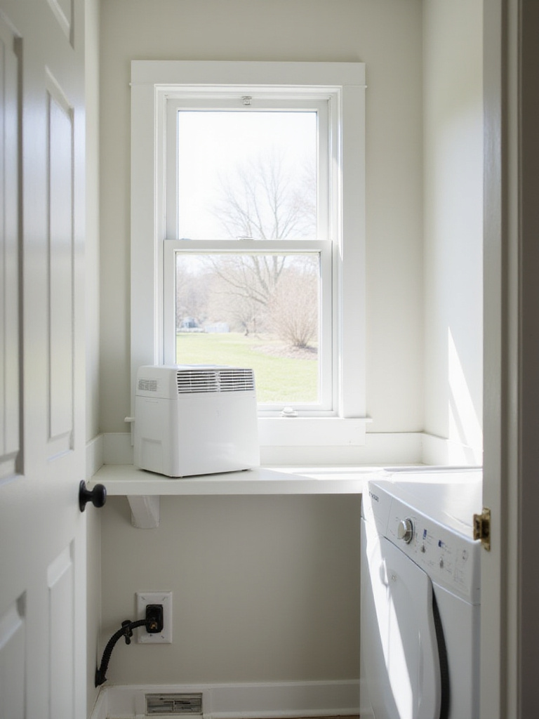 Bright and airy laundry room with open window and dehumidifier, promoting good ventilation.