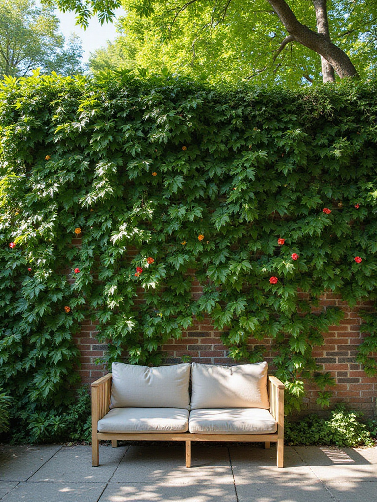 Lush green climbing vines covering a patio wall, creating a beautiful vertical garden.