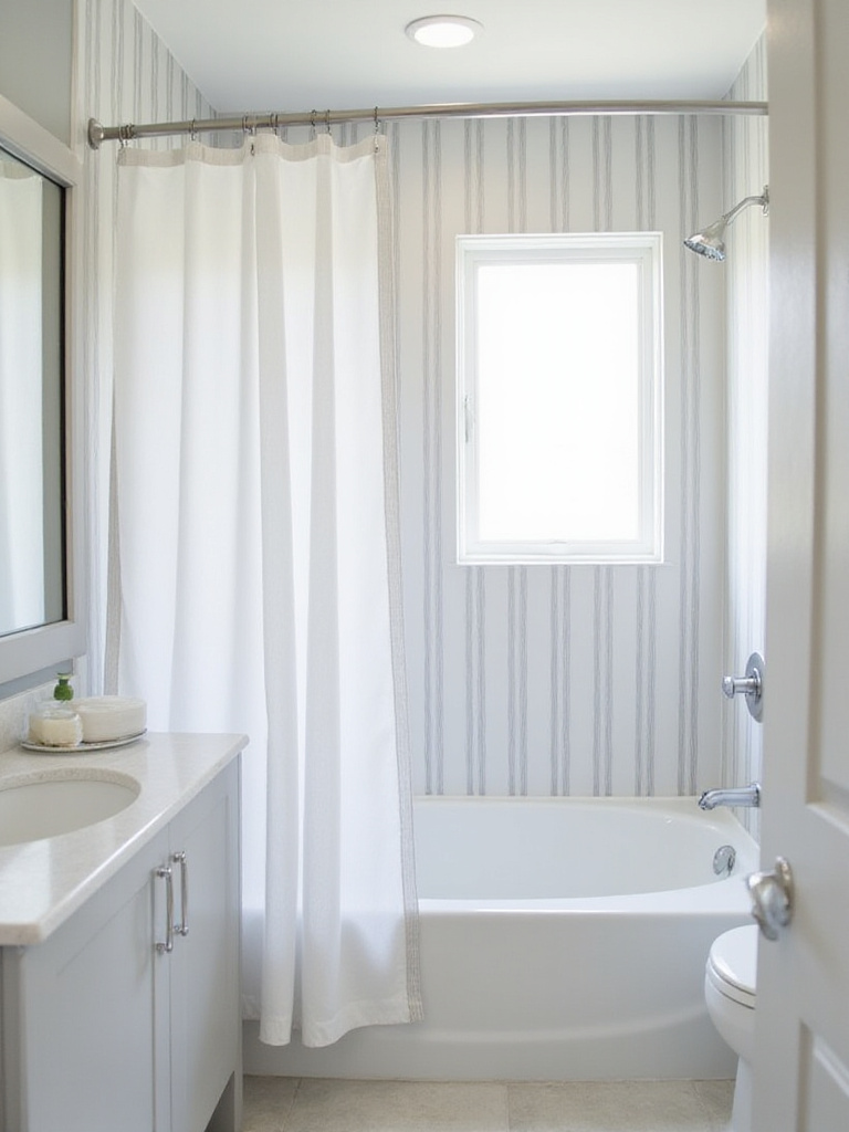 Small bathroom with vertical striped wall and shower curtain, creating the illusion of height.