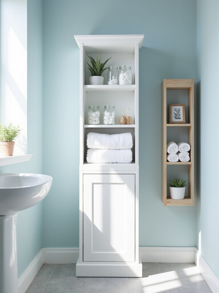 Small bathroom with tall, slim white cabinet and narrow open shelving for vertical storage.