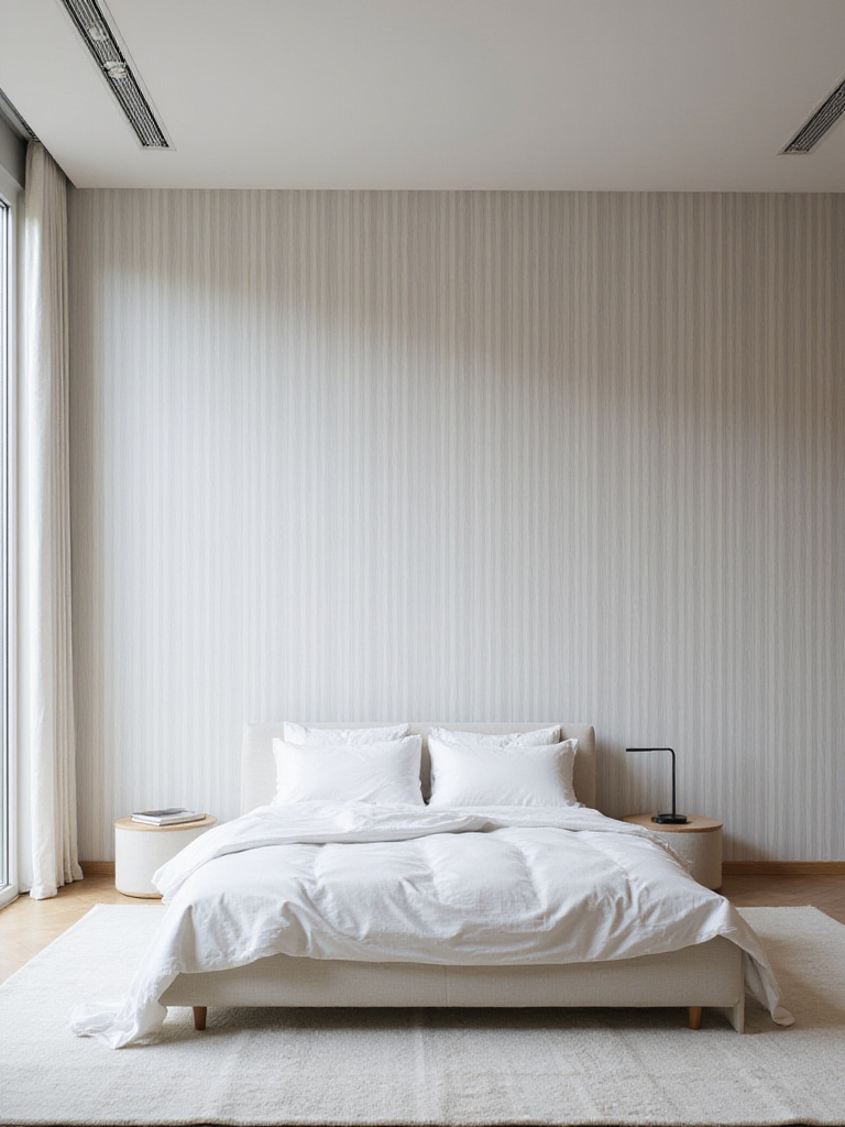 Master bedroom featuring elegant light gray and off-white vertical striped wallpaper to create the illusion of height.