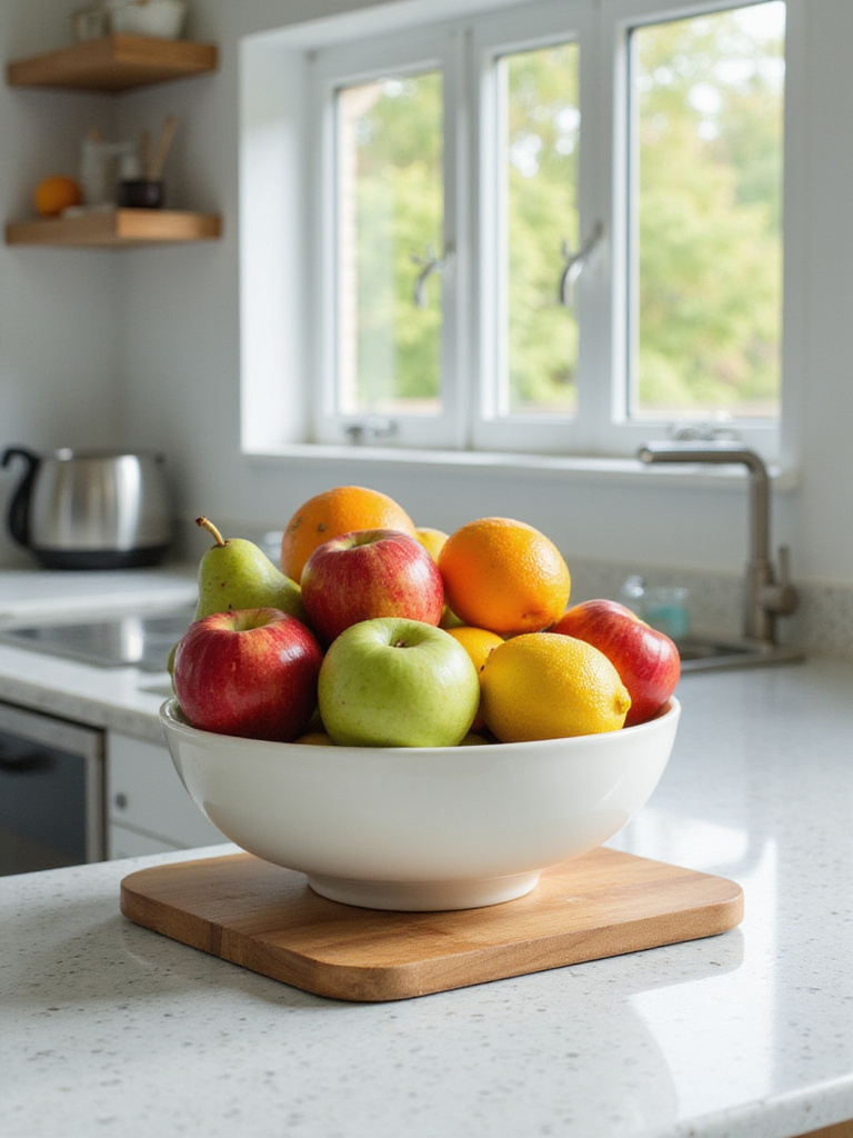 Vibrant fruit bowl on a kitchen countertop adding color and freshness.