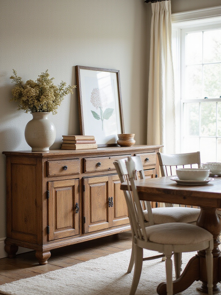 Vintage wooden buffet in a farmhouse dining room, styled with antique decor and serving as storage.