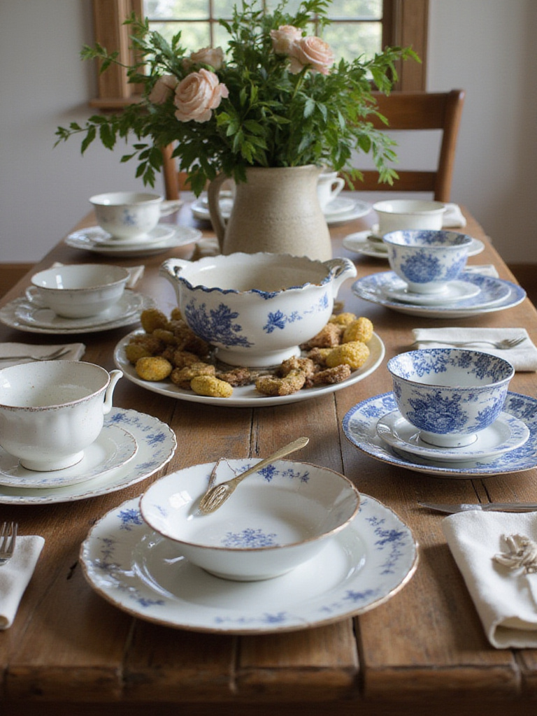 Farmhouse dining table setting featuring a collection of mixed vintage dishes and serveware, including ironstone plates and transferware bowls, adding character to the rustic wood table.