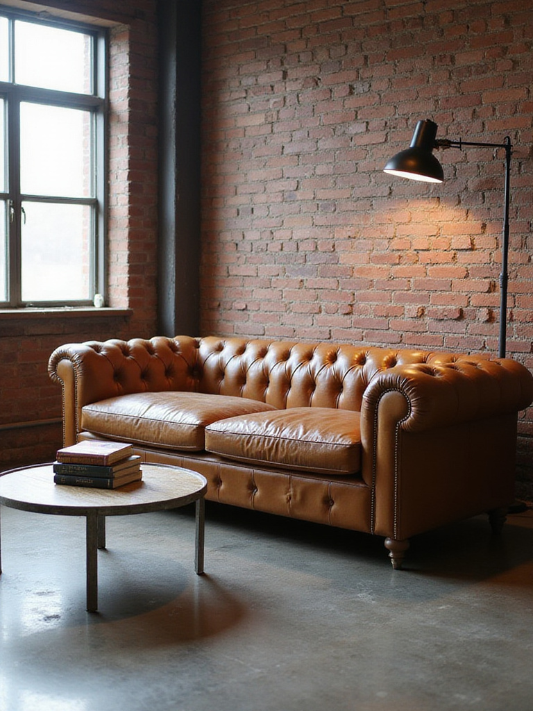Vintage cognac leather Chesterfield sofa in an industrial living room with exposed brick and concrete floor.