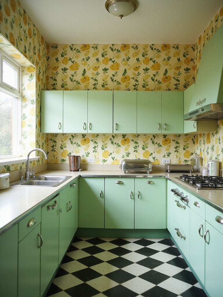 Retro kitchen featuring vintage lemon print wallpaper, pastel green cabinets, and black and white checkered floor.