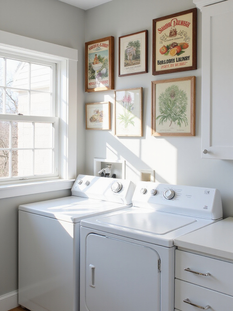 Laundry room with gallery wall featuring vintage laundry prints and botanical illustrations.