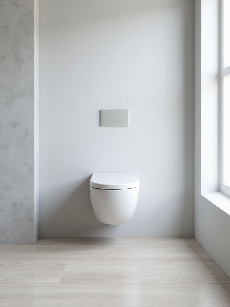 Wall-mounted toilet freeing up floor space in a small bathroom.