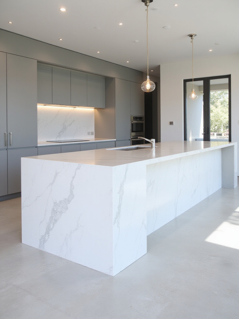 Modern kitchen bar with white quartz waterfall countertop.