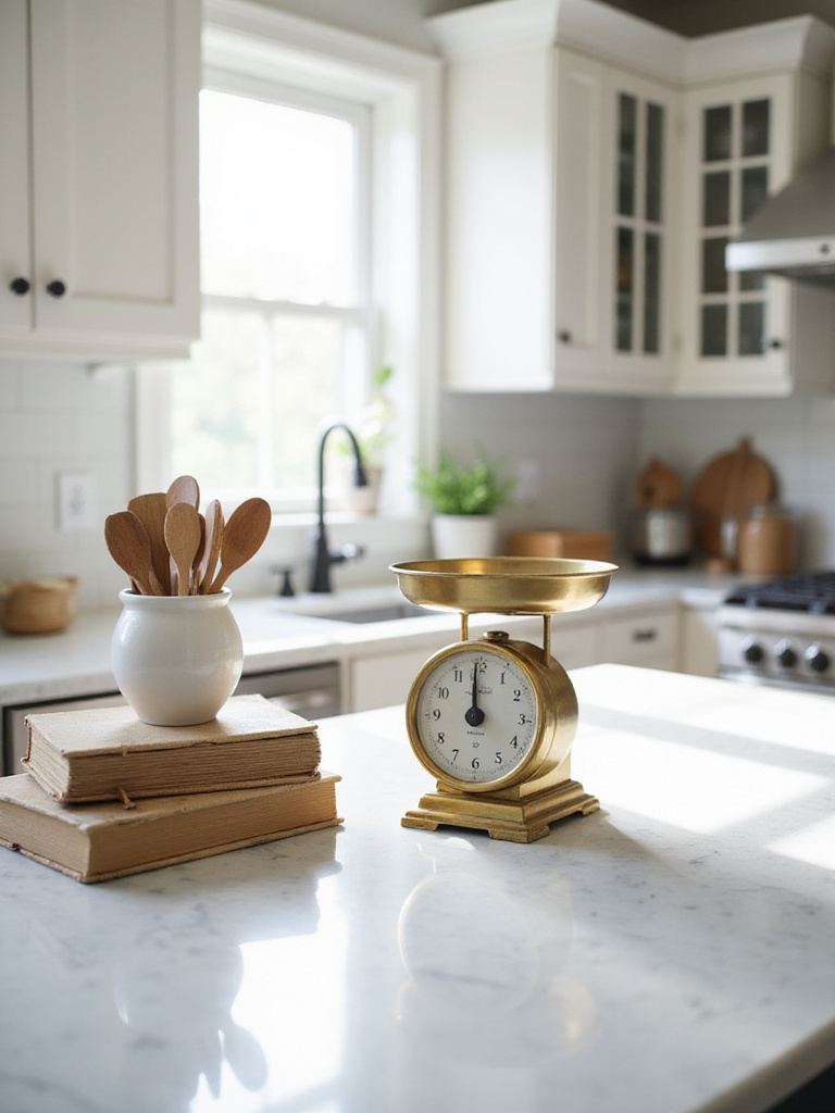 Vintage brass kitchen scale on a marble countertop with cookbooks and wooden spoons.