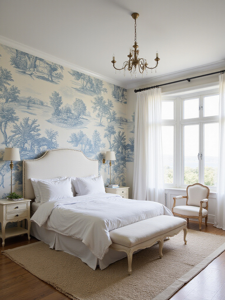 French country master bedroom featuring blue and cream Toile de Jouy wallpaper