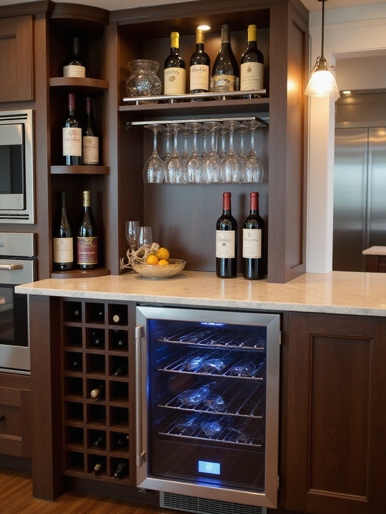 Modern kitchen bar with built-in wine racks and stemware holders.