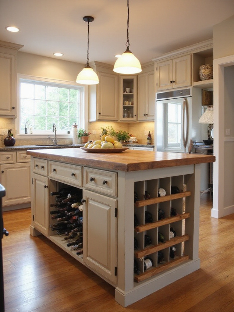 Budget-friendly kitchen island with an integrated wood wine rack holding bottles horizontally.