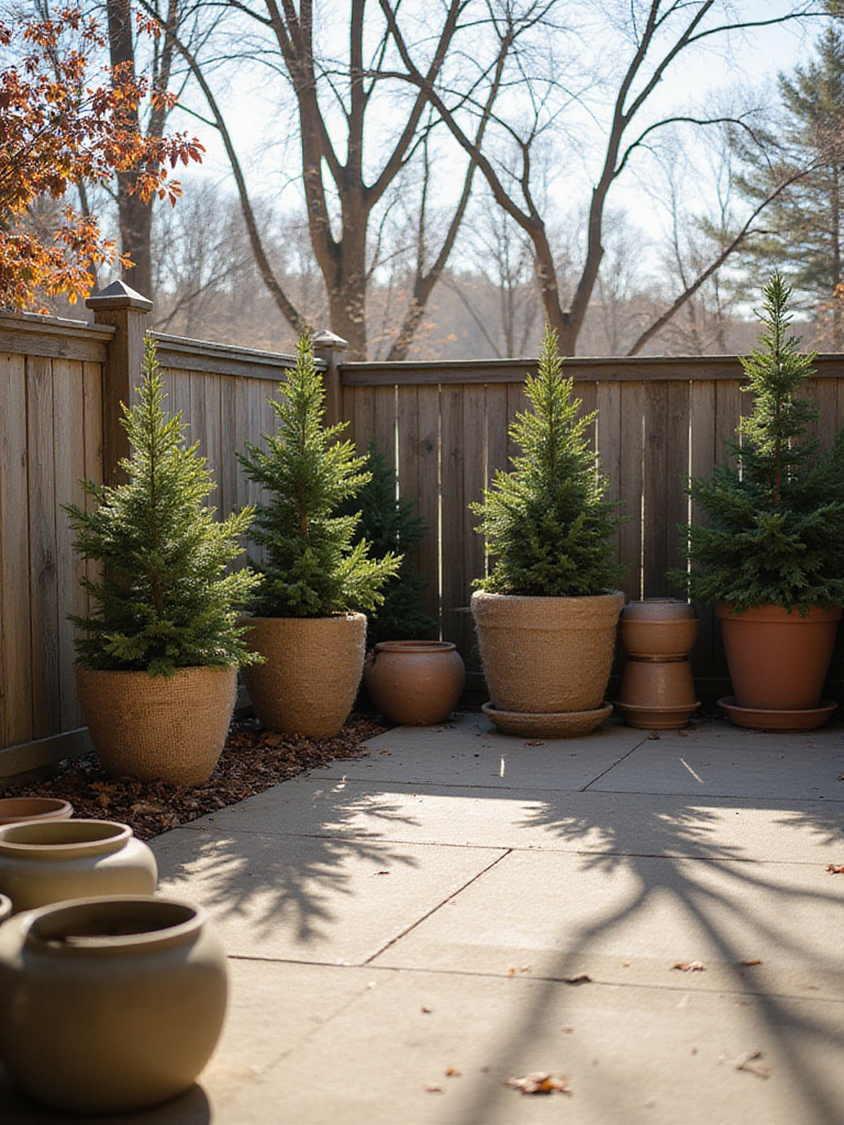 Patio plants being winterized with burlap wraps and mulch.