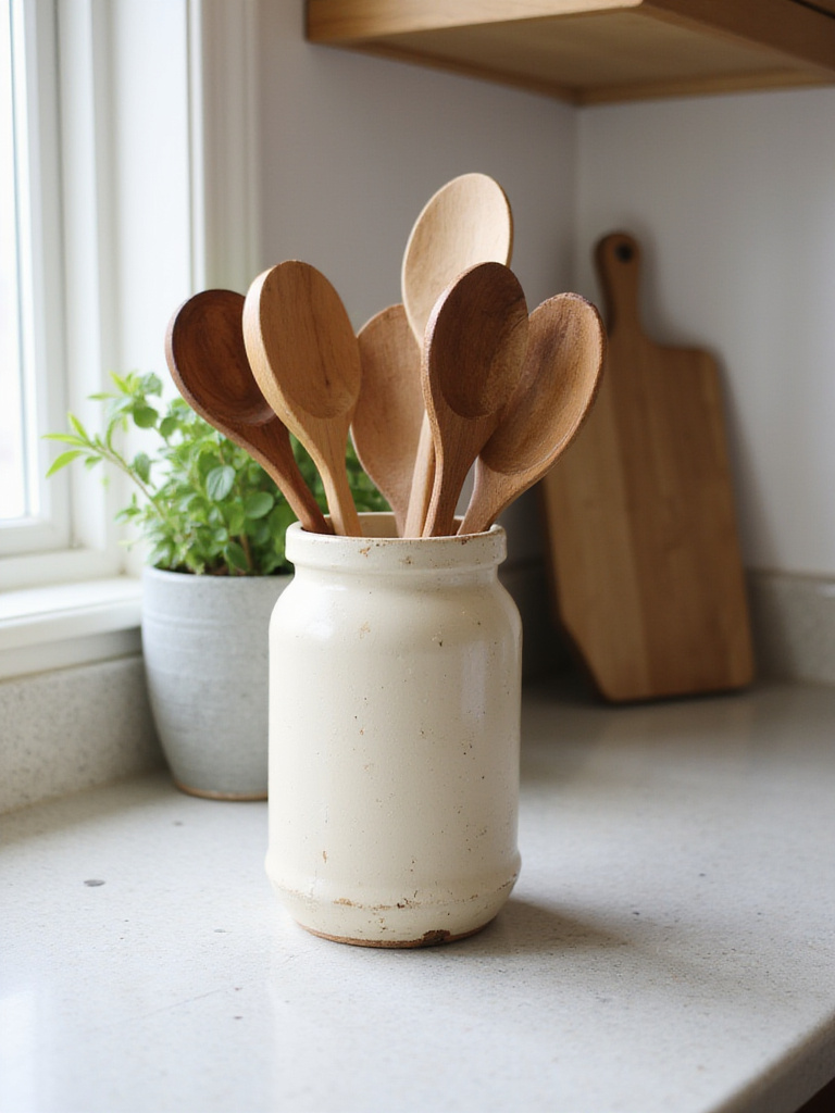 Wooden spoons displayed in a rustic ceramic jar on a kitchen countertop