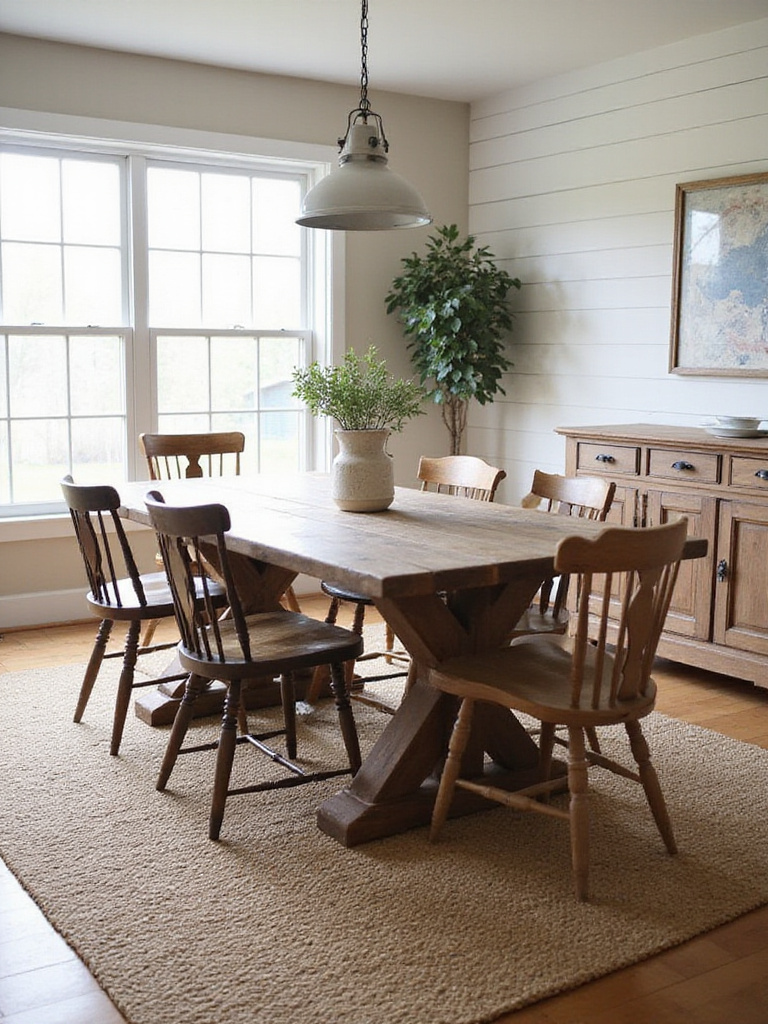Warm farmhouse dining room featuring a large wooden table, chairs, and a textured natural fiber woven rug grounding the space.