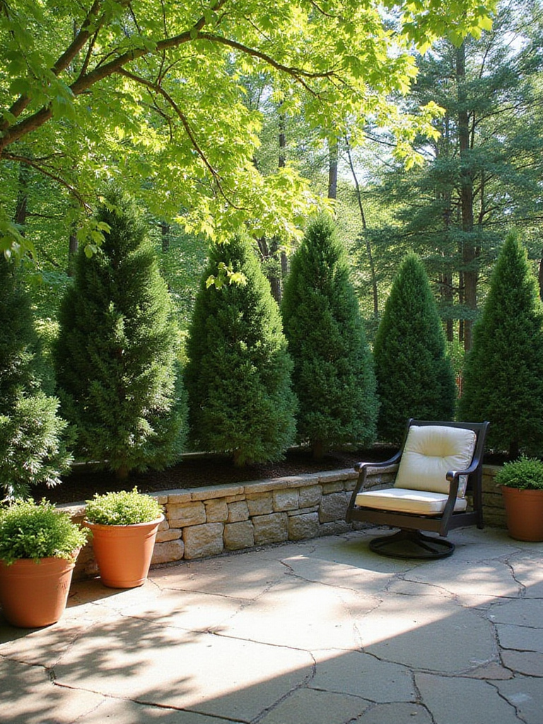 Evergreen shrubs in containers creating a lush and private patio oasis.