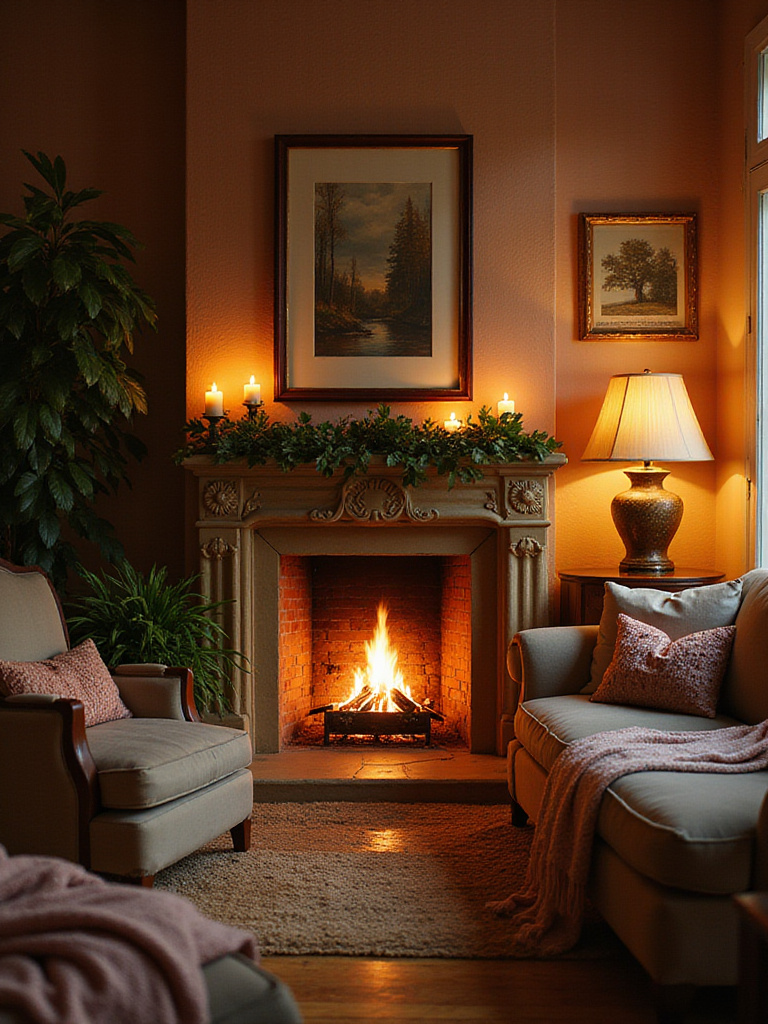 A warm and inviting cozy living room featuring a stone fireplace with a burning fire, comfortable seating with soft throws, and a decorated mantelpiece, creating a perfect sanctuary.