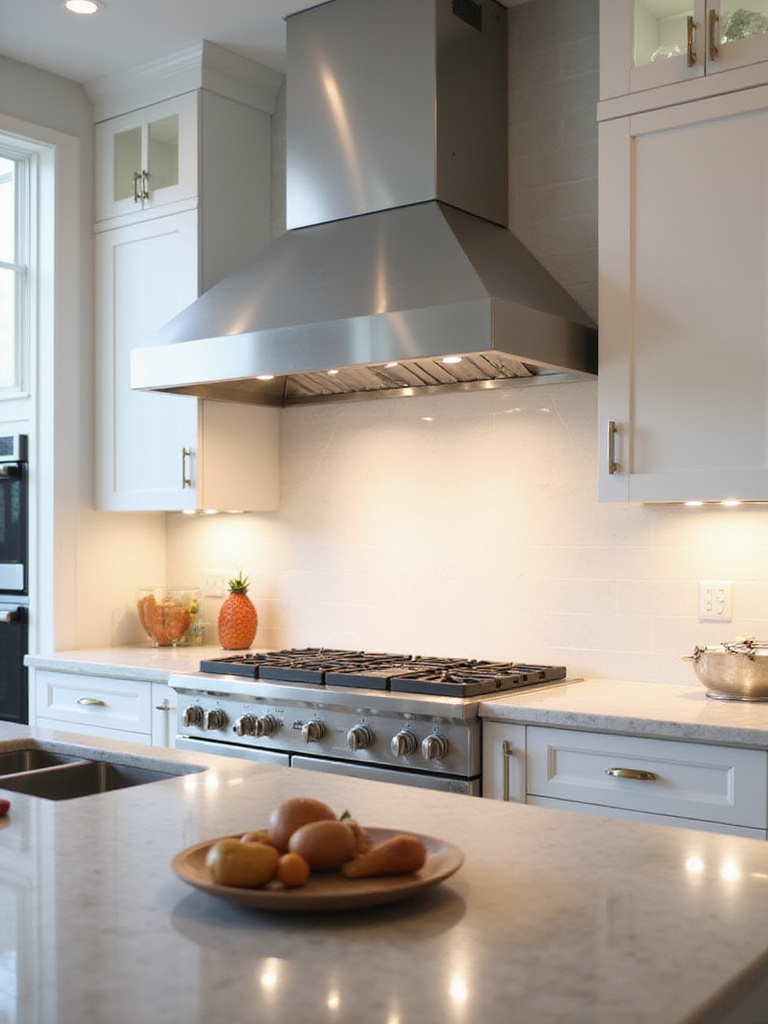 Modern kitchen with a high-performance stainless steel range hood above a gas cooktop.