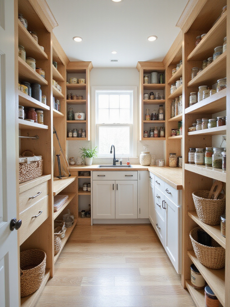 Spacious and organized walk-in pantry with adjustable shelving and natural light.