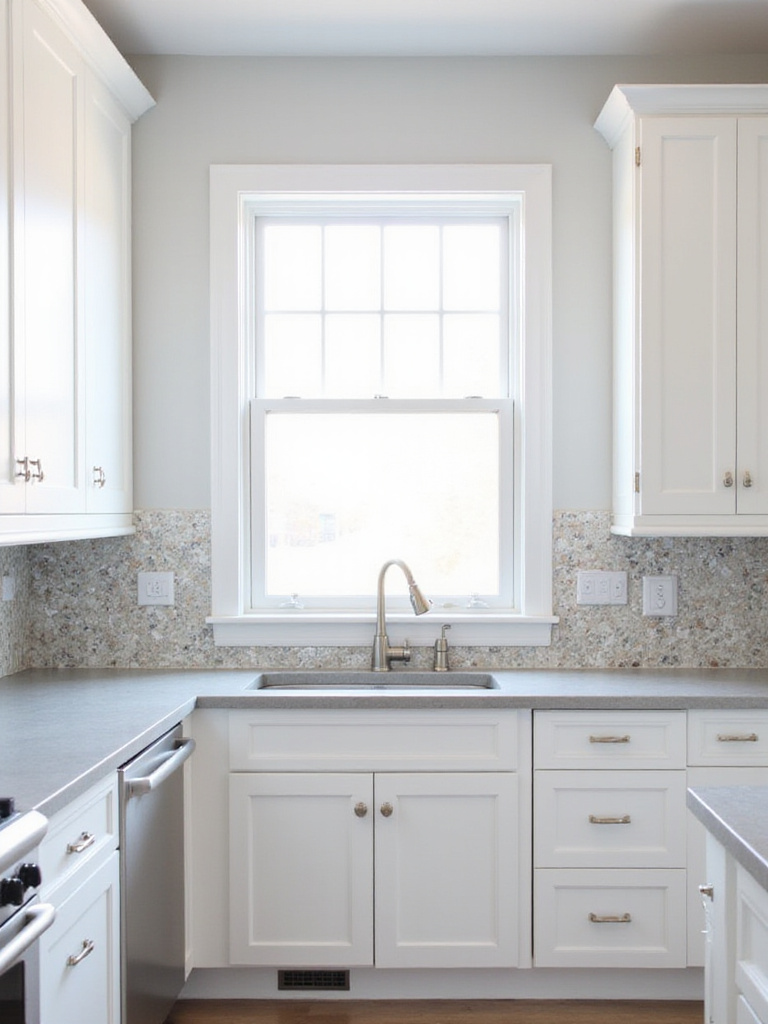 Modern kitchen with white cabinets and iridescent herringbone tile backsplash