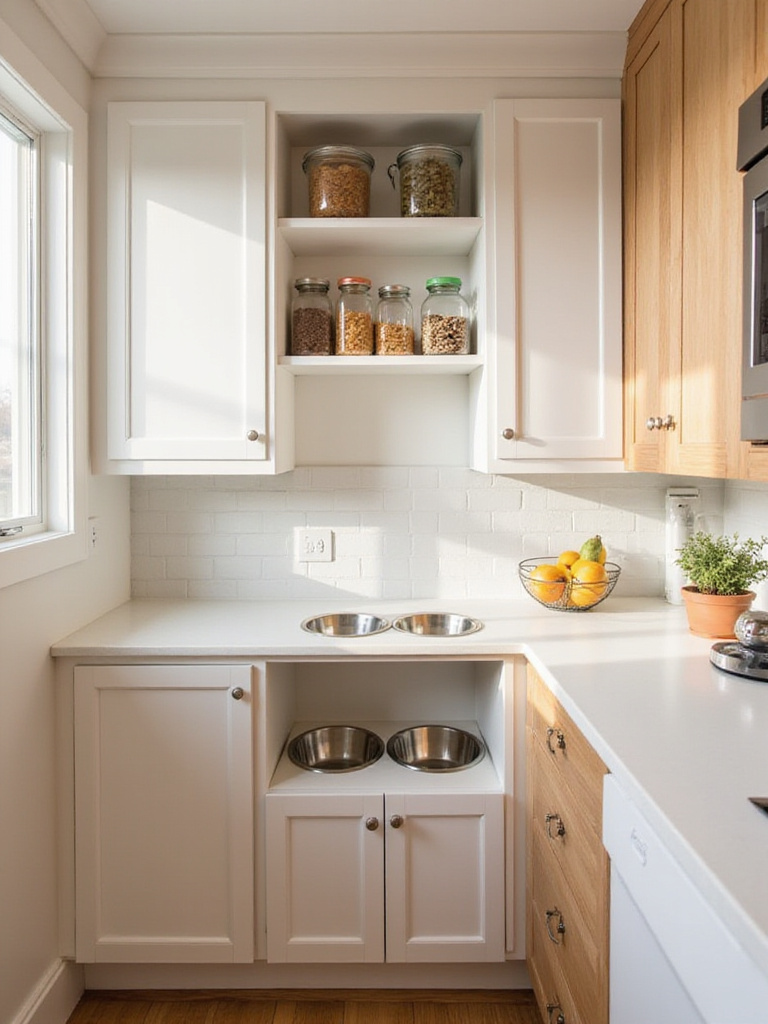 Modern kitchen with built-in pet feeding station and storage nook.