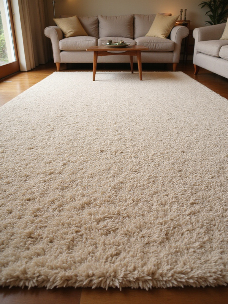 A large, light beige high-pile area rug anchoring a cozy living room seating area with a sofa and armchairs.