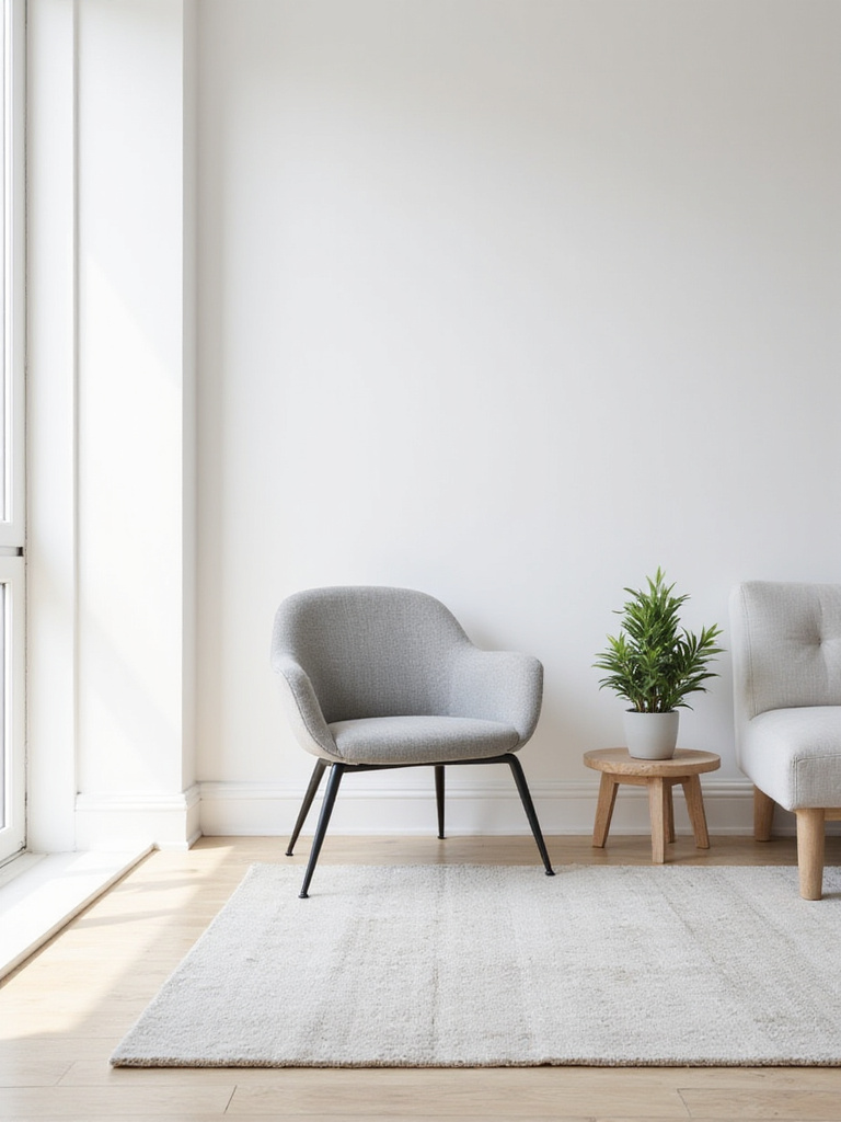 A minimalist living room featuring a grey accent chair with a simple silhouette, a round side table with a plant, and a low sofa on a light wood floor.