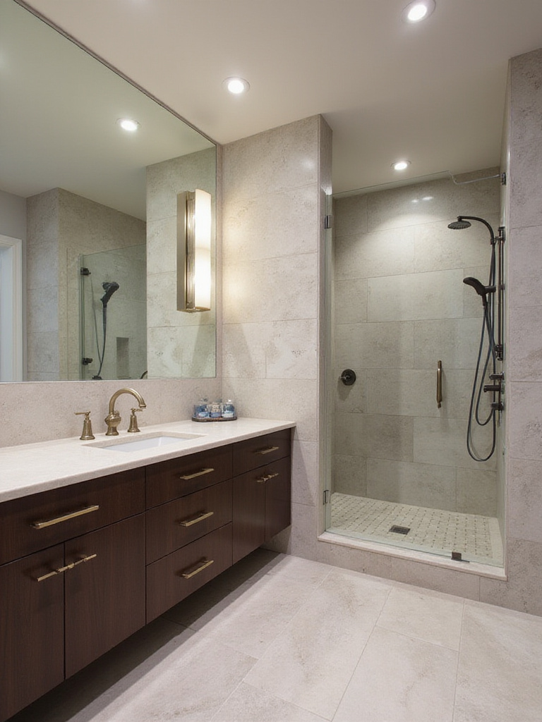 Luxury bathroom showcasing high-end fixtures and finishes, including a polished nickel wall-mounted faucet, brushed brass cabinet hardware, and a matte black shower system against elegant tile.