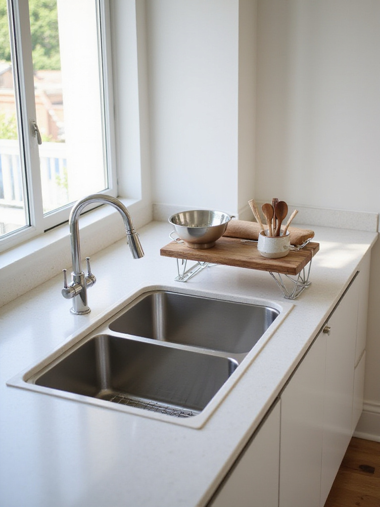 Modern kitchen sink with accessory rails holding cutting board, colander, and utensil holder.