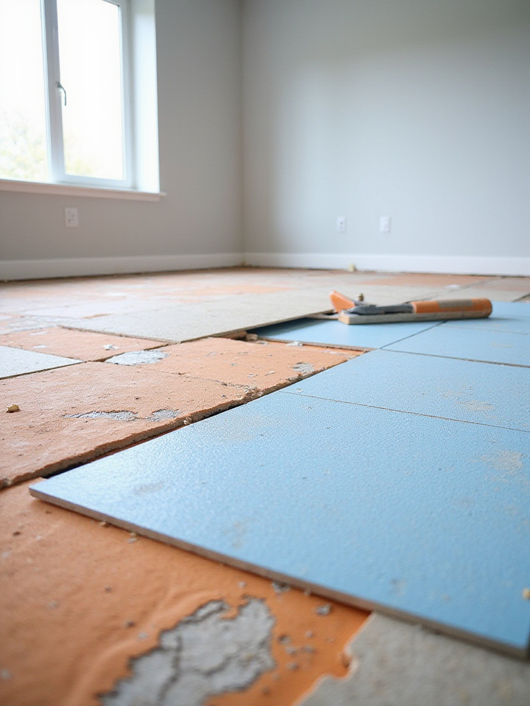 View of a kitchen subfloor with a decoupling membrane being installed, illustrating crucial preparation steps to prevent cracks and chips in a tile floor.