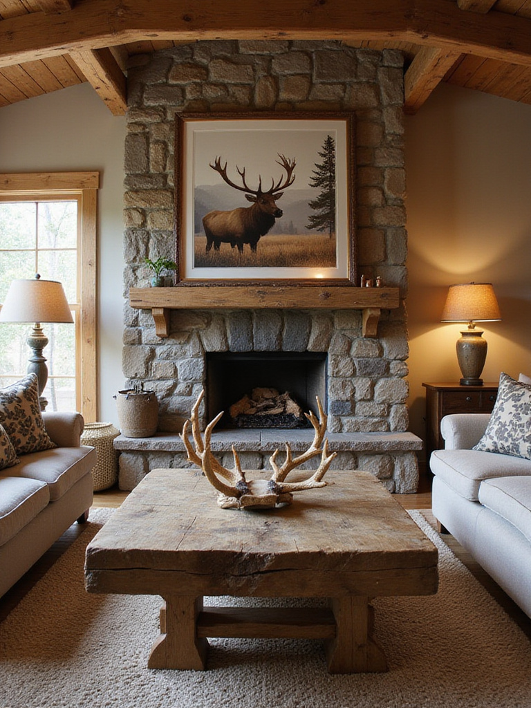 Cozy rustic living room with a stone fireplace, featuring a framed elk print above the mantel and shed deer antlers on the coffee table, illuminated by warm lighting.