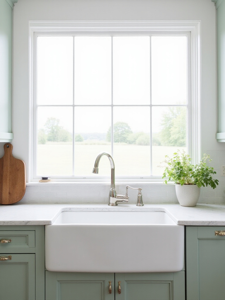 A white fireclay farmhouse sink installed in a light quartz countertop in a sage green modern farmhouse kitchen.
